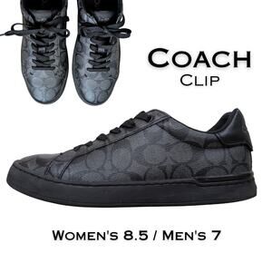 Coach Clip Low Top Sneakers Womens 8.5 Mens 7 Charcoal Logo Canvas Black Leather